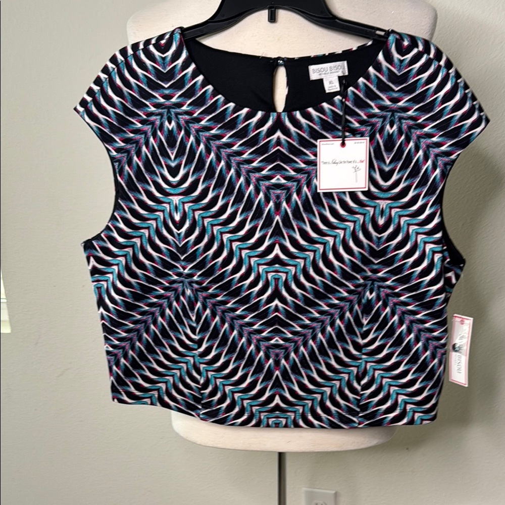 Bisou Bisou Sleeveless Crop Blouse black white pink teal new with tags size XL